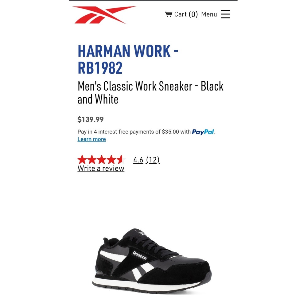 Reebok Harman Work RB198 Womens 8 M Black White Composite Toe Safety Sneaker